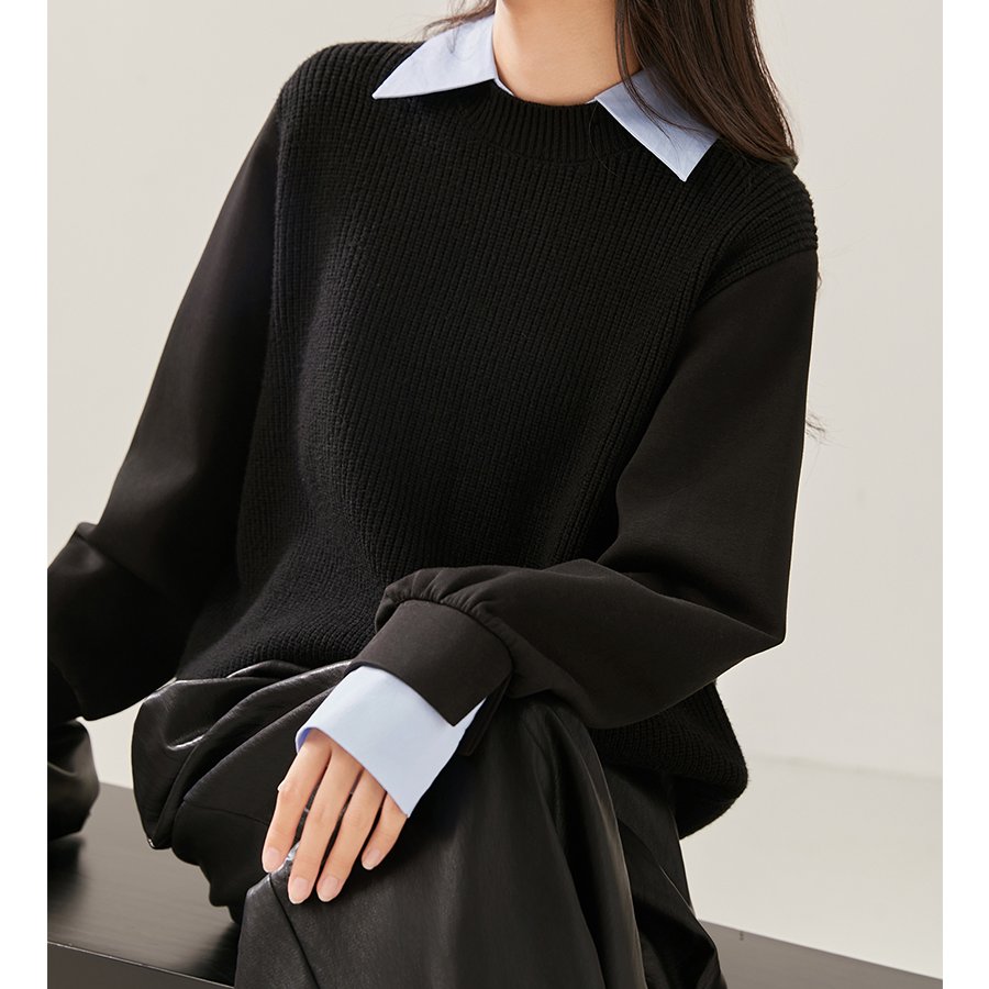 2025春秋季撞色假两件衬衫领针织长袖上衣 三拼毛衣女