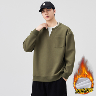 加绒加厚保暖潮牌V领假两件卫衣男百搭宽松休闲锁温御寒打底衫