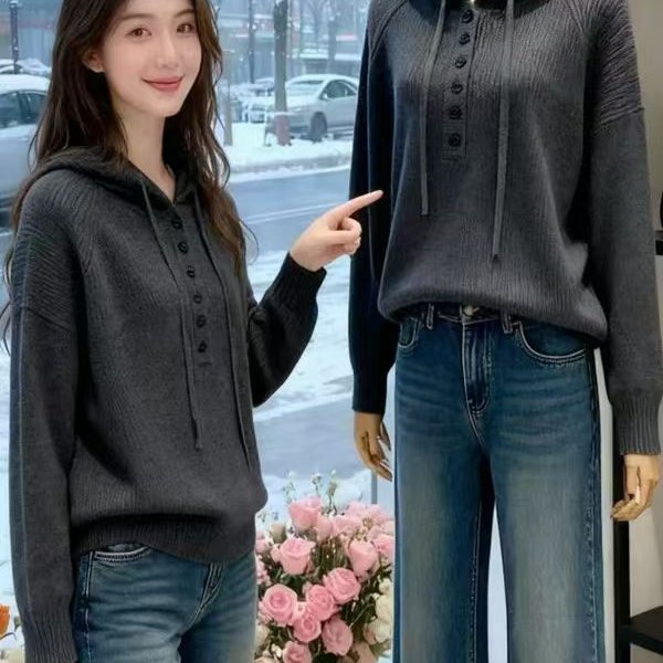 韩系休闲连帽针织套头毛衣女2025秋季新款慵懒风简约宽松百搭上衣
