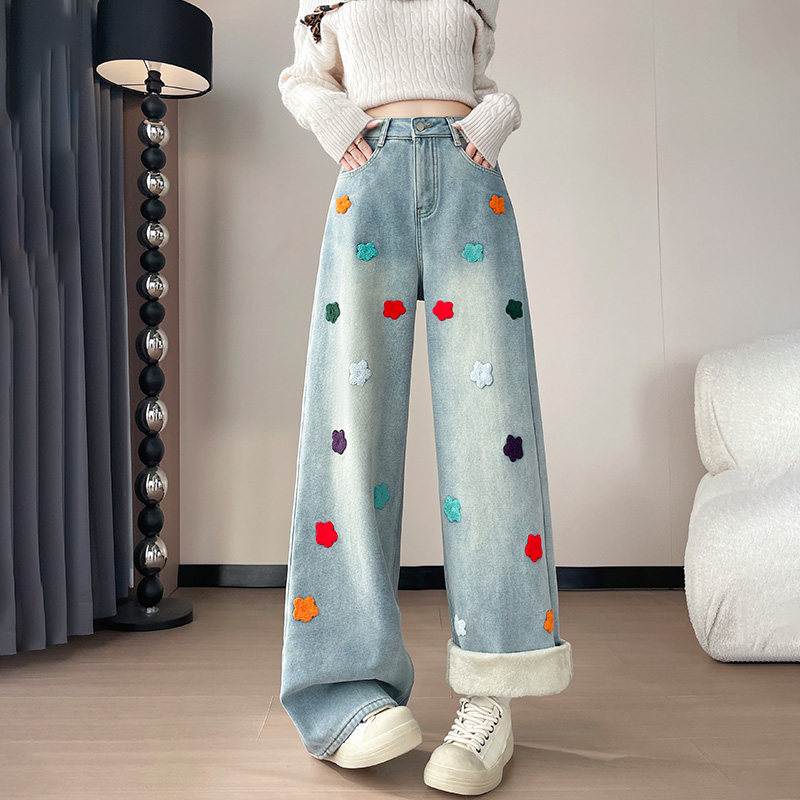 圣诞复合绒刺绣阔腿牛仔裤女冬季加绒欧货宽松小个子垂感休闲裤潮