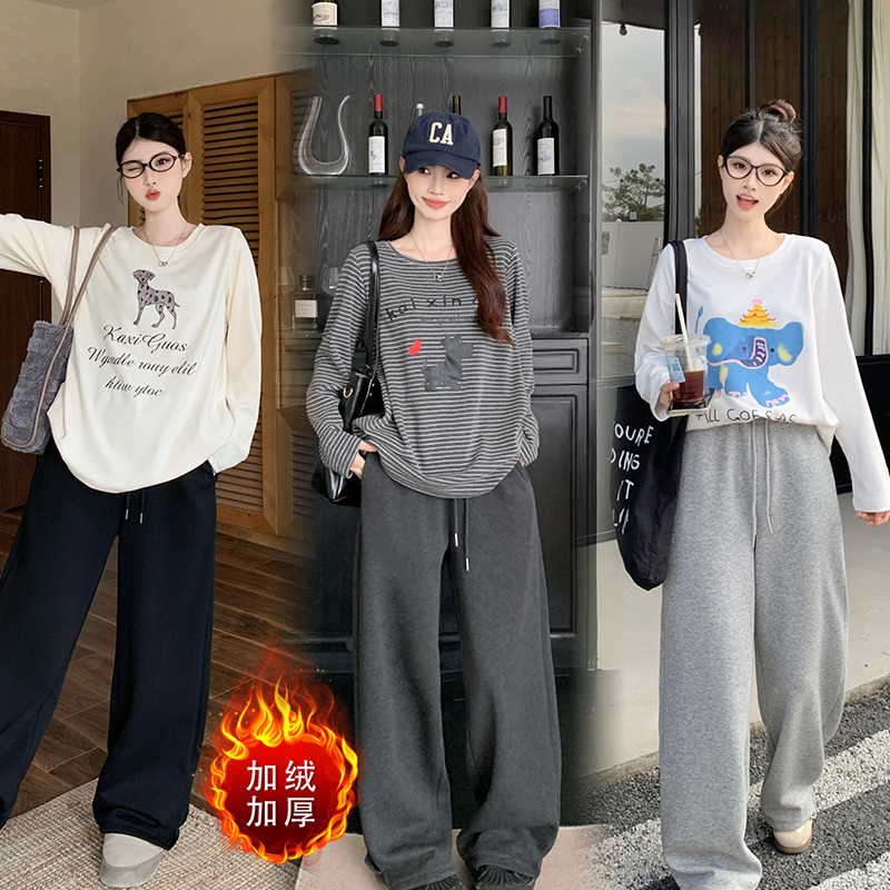 加绒 冬季休闲大码阔腿卫裤 大码冬季弯刀阔腿遮肉显瘦长裤