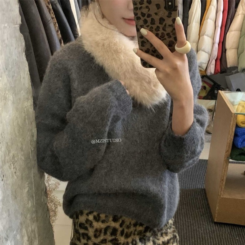 2025秋冬新款韩版宽松慵懒风圆领毛衣开衫外套女加厚针织衫上衣