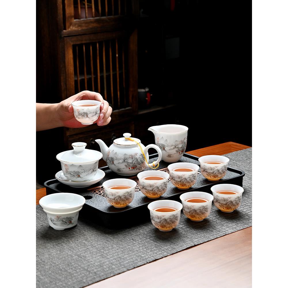 景德镇汝窑高端茶具套装奢华一整套礼盒轻奢高档家用骨瓷盖碗羊脂