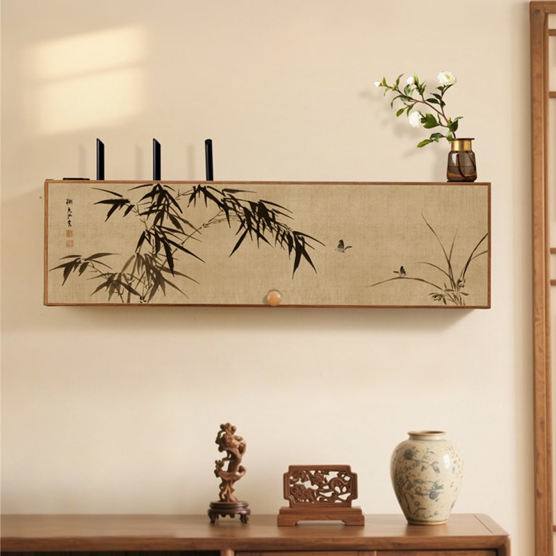 墨竹图路由器收纳盒wifi光猫电视机顶盒置物架子隐藏电线遮丑装饰