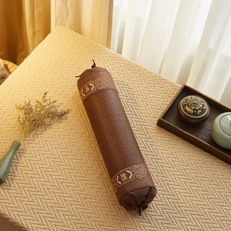 夏季绣花茶叶圆枕头m颈椎枕夏x天硬枕圆柱形夏天凉席护颈枕夏凉枕