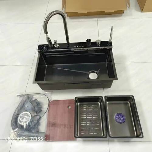 水槽纳米飞雨集成厨房柜新款虎鲸钢琴键数显瀑布不锈钢洗菜盆下盆