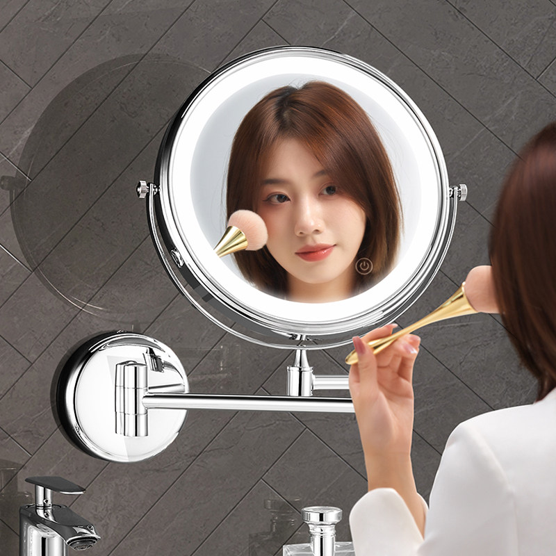 浴室化妆镜ledk免打孔壁挂折叠带灯镜子酒店卫生间伸缩双面梳妆镜