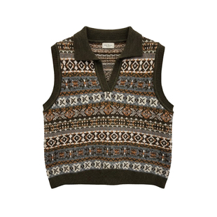 百搭羊毛背心5759 费尔岛风提花针织马甲女翻领无袖 巴依老爷