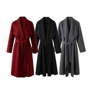 束腰系带外套高级感气质2623 大翻领羊毛呢大衣女长款 巴依老爷