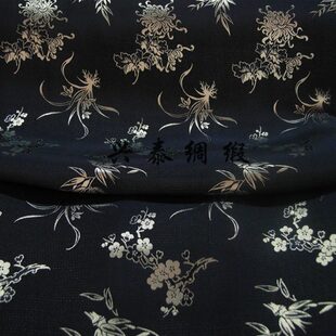 衬衣连衣裙旗袍绸缎面料布料 夏款 真丝双绉 桑蚕丝黑色梅兰菊竹