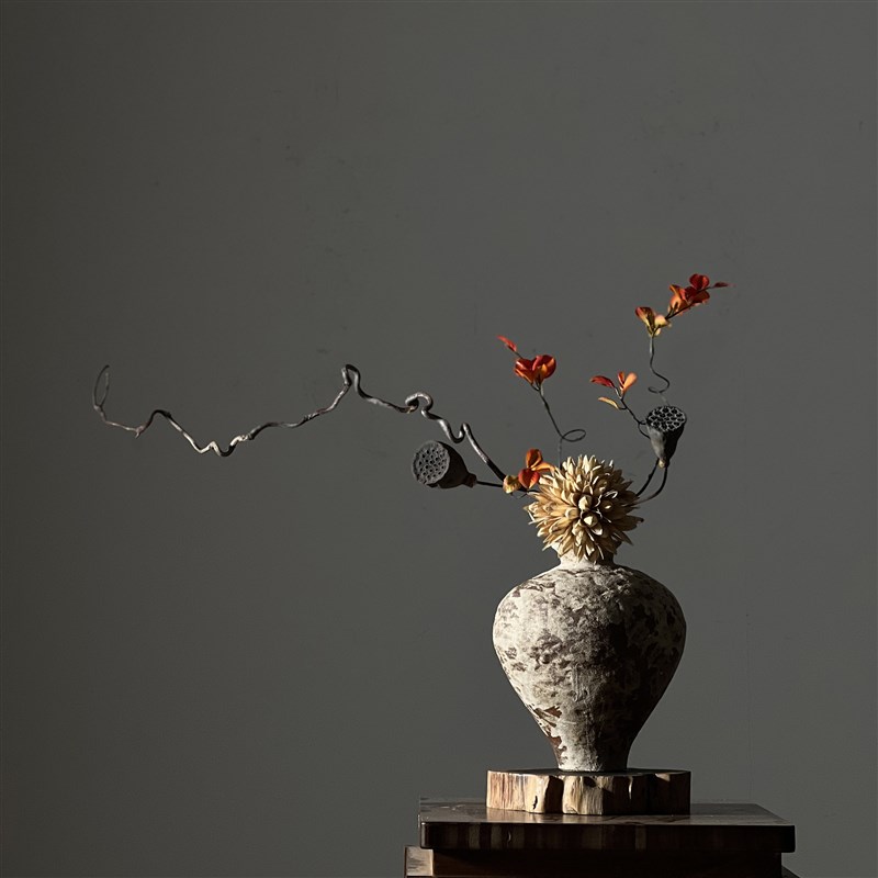 新中式复古粗陶干花陶瓷花瓶插花玄关茶J室博古架家居装饰侘寂摆