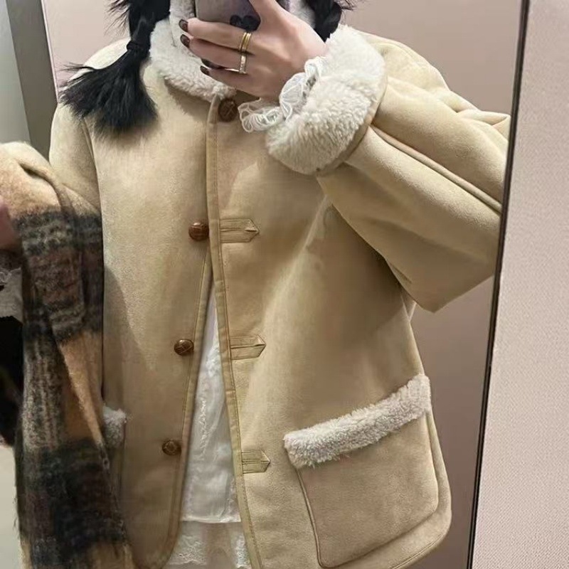 550克鹿皮绒复合羊驼绒 女2025秋冬加绒加厚宽松保暖毛绒绒短外套