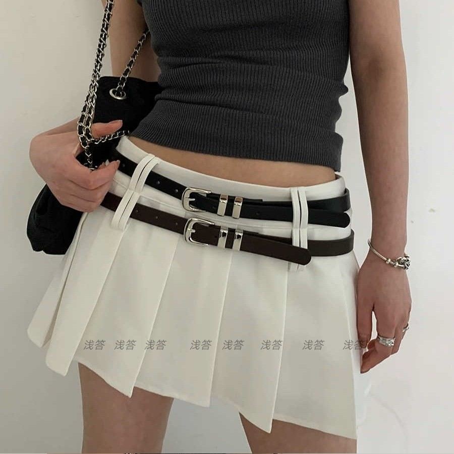 西装百褶裙双腰带半身裙设计感复古黑色金属细皮带性感辣妹时尚皮