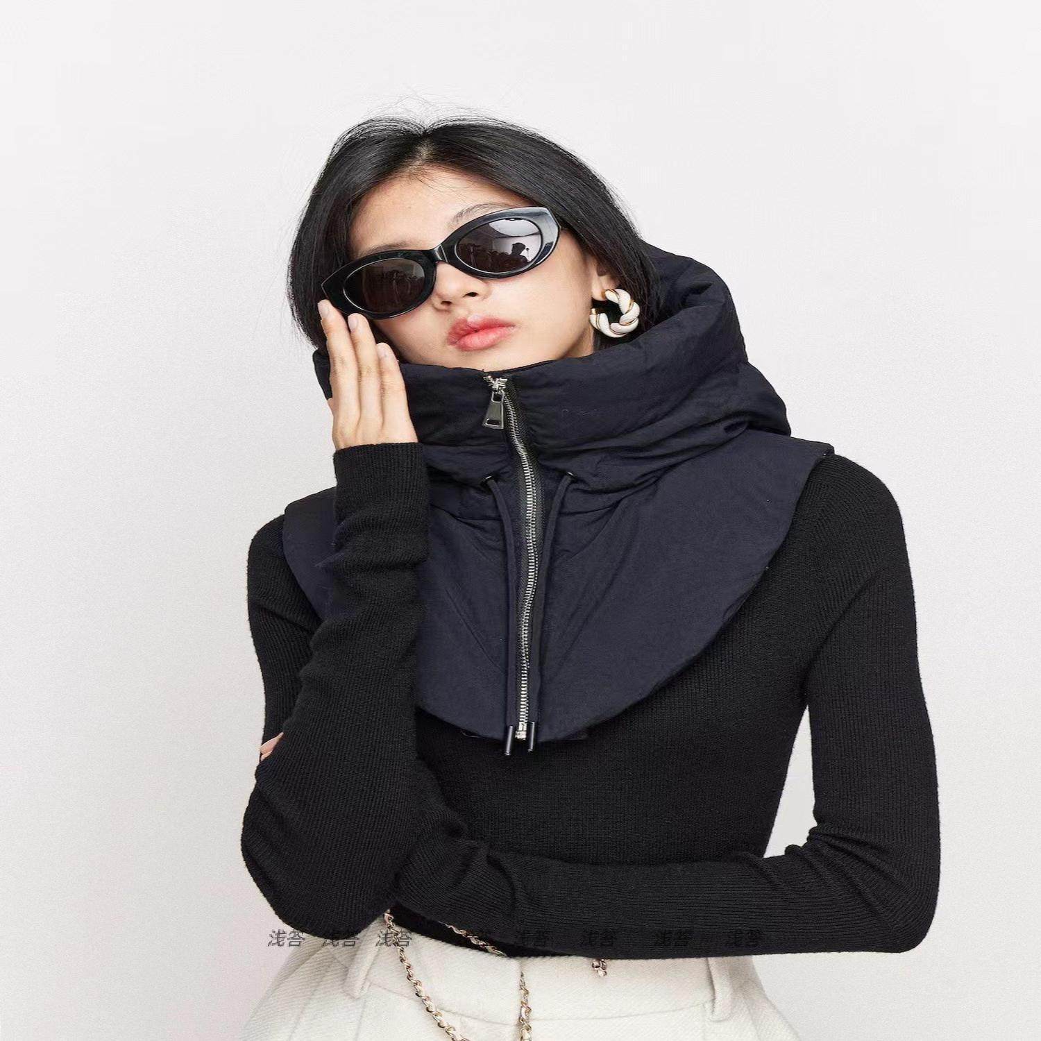 披肩式一体帽子冬季暖防寒羽绒棉帽子披肩式斗篷可爱防寒帽子