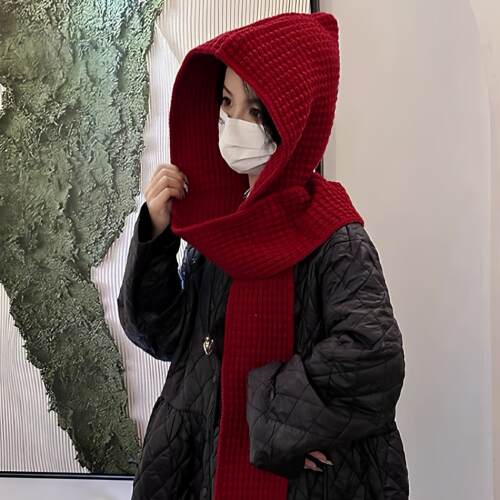 红色巴拉克拉法帽女秋冬季保暖毛线帽子围巾一体连帽围脖针织帽冬