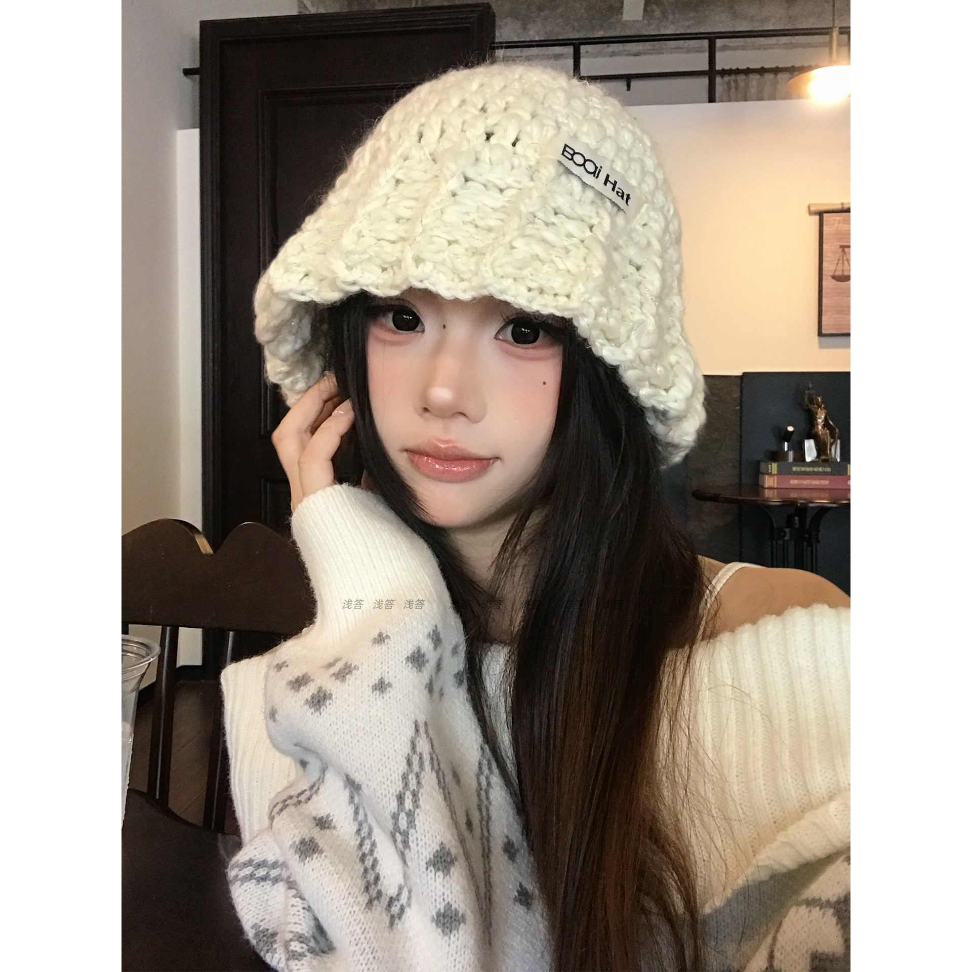 韩版覆古手工针织渔夫帽女秋冬季保暖防寒百搭纯色大头围毛线帽子