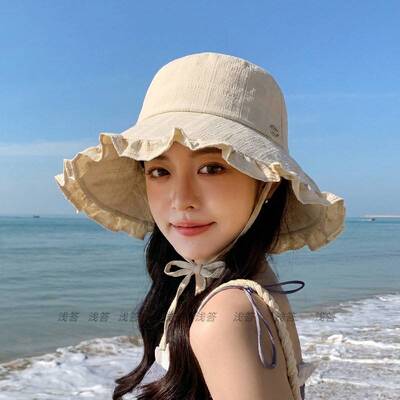 太阳帽女防晒大帽檐显脸小新款花边渔夫帽海边沙滩高颜值遮阳帽子