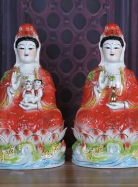 陶瓷红衣坐莲南海观音菩萨观世音神像家用供奉佛像客厅大摆件