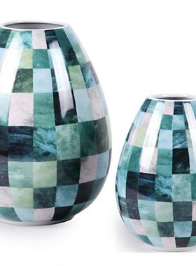 插花陶瓷大花瓶展厅肚现代创意欧式方格拉格装饰品绿色摆件多客厅