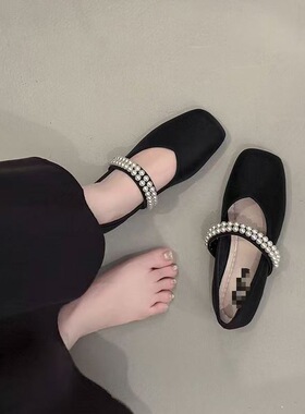 小众平底黑色方头配裙子浅口单鞋女鞋子2026新款温柔珍珠玛丽珍鞋