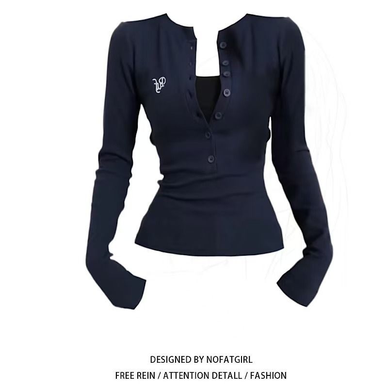 大码胖妹妹美式纽扣T恤