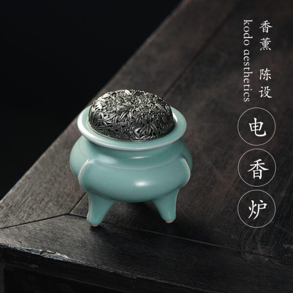家用电香炉室内仿古青瓷鬲式炉电熏香炉线香炉陶瓷复古盘香炉摆件