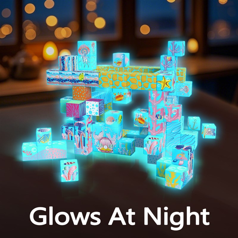 儿童夜光磁力方块积木diy磁吸拼搭积木玩具3-6岁男孩强磁拼装玩具