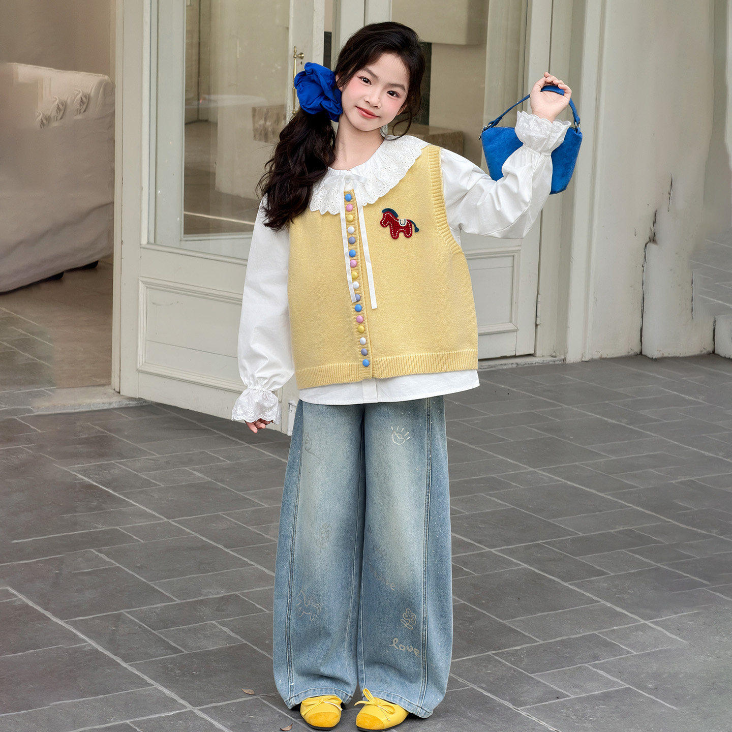 女童春装毛衣马甲衬衫牛仔裤套装2026新款初中生女生阔腿裤三件套