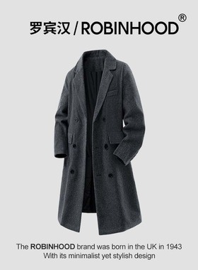 ROBINHOOD/罗宾汉英伦韩版中长款呢子大衣男士秋冬过膝款保暖外套
