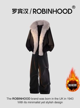 罗宾汉/ROBINHOOD美式座山雕毛领棉服套装男士秋冬季加绒牛仔裤