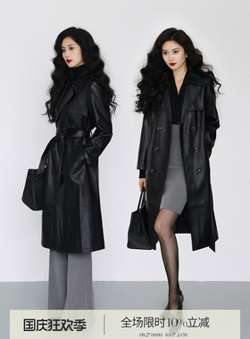 TAIYANG OFFICE 黑色PU皮风衣女款2025新款秋季西装领中长款外套