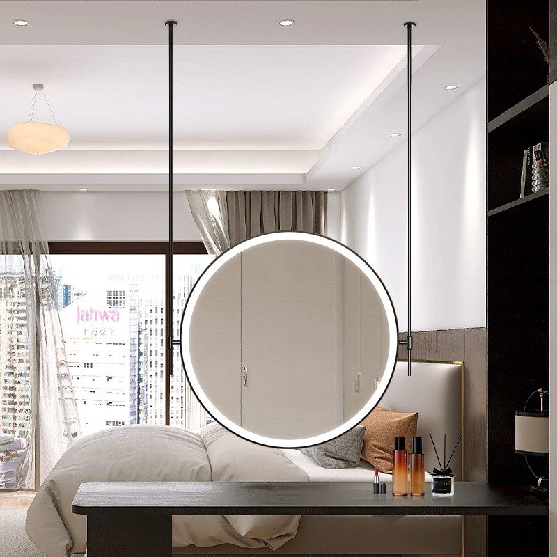 圆形双杆悬空吊镜高级感不锈钢洗手台悬挂式镜子梳妆台智能发光镜