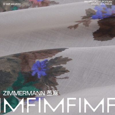 ZIM新款新花 高支高密细苎麻面料米黄色底部紫调印花布 宽135CM