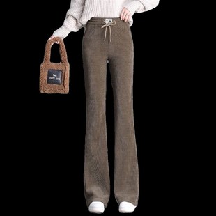 女2023新款 裤 秋冬季 松紧腰加绒西装 子 高腰休闲妈妈洋气大码 喇叭裤