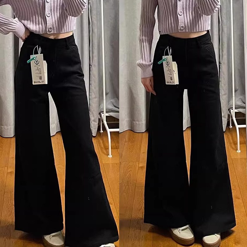 大码胖MM黑色a字牛仔裤女冬季不贴腿喇叭裤加绒梨形身材宽松裤子