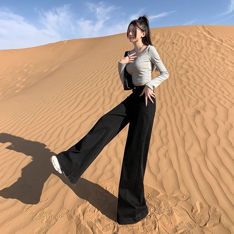 黑色大阔腿牛仔裤女春秋大码高腰宽松不贴腿喇叭拖地马蹄裤子秋冬