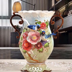 欧式中式花鸟陶瓷大花瓶桃花扇喜鹊新居摆设工艺花插高档家居礼品