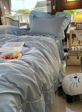 韩式文艺风浅蓝色l大花边四件套小清新纯色床裙床单学生宿舍三件