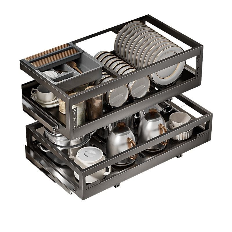 家用拉篮厨房橱柜304不锈钢双层抽屉式碗架O收纳内置碗篮碗碟锅具