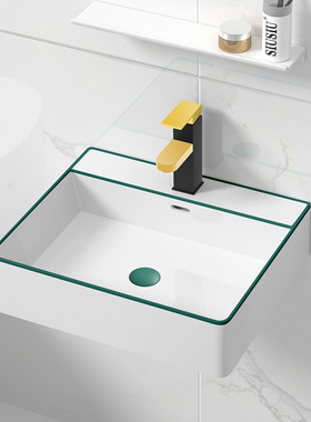 北欧绿色边陶f瓷挂墙悬挂式洗手盆方形小户型卫生间洗脸挂壁组合