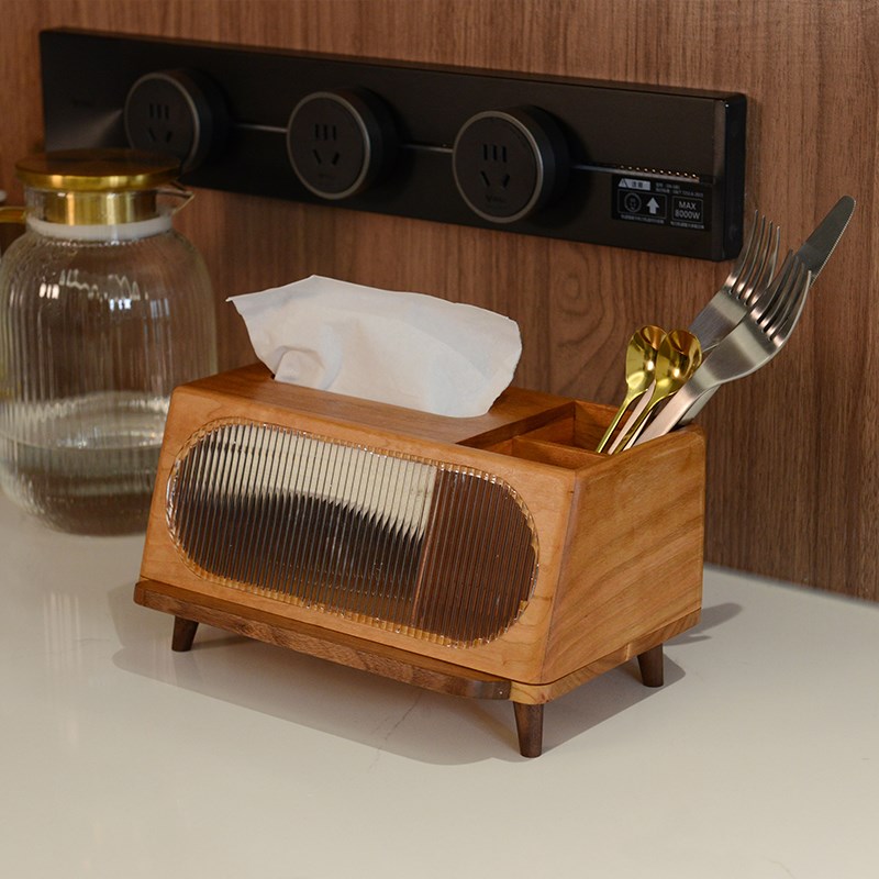 实木纸巾盒多功能手机架中古胡桃木高级感抽纸盒茶几遥控器收纳盒