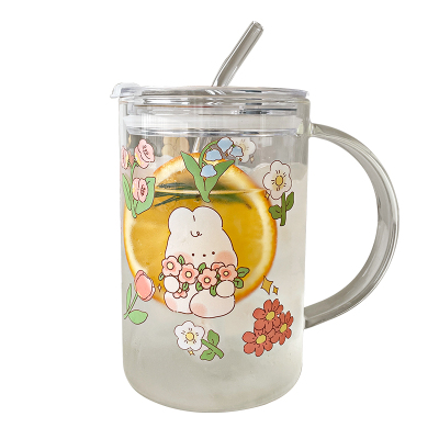 玻璃杯1000ml大容量网红可爱兔兔吸管水杯带盖家用办公室泡茶杯子