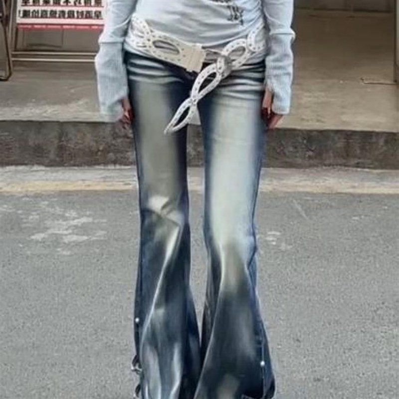 大码美式辣妹水洗做旧微喇牛仔裤女2025设计感修身显瘦垂感喇叭裤