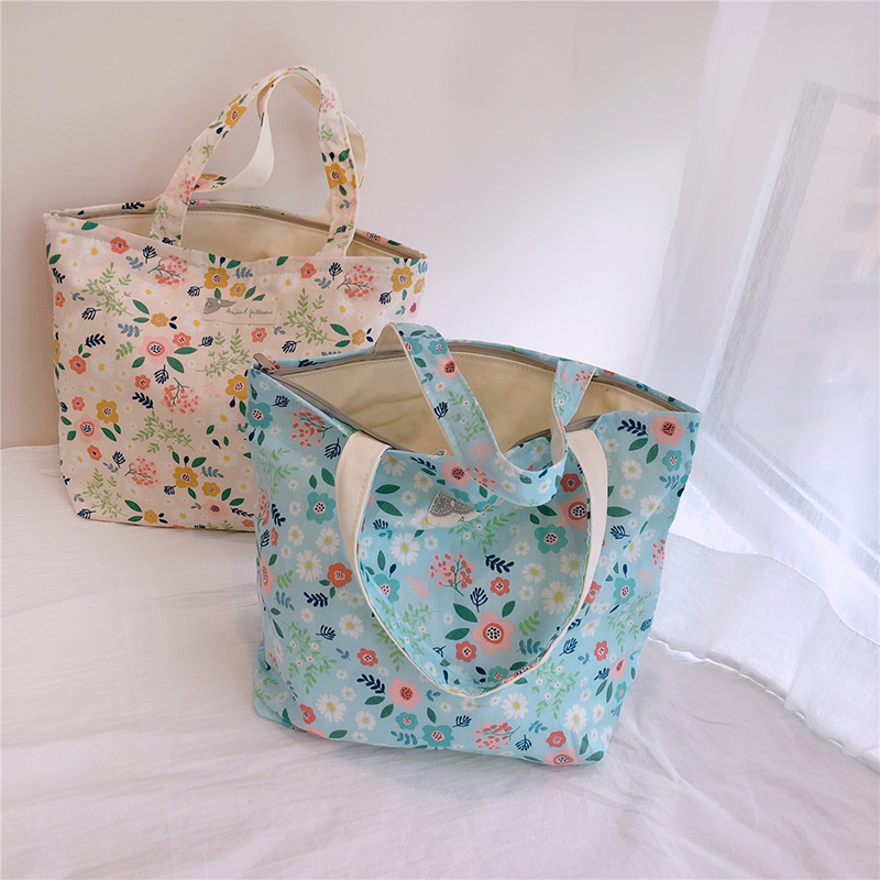 原创自制 文艺碎花清新棉布袋小布包拉链手提P布袋日式环保便当包