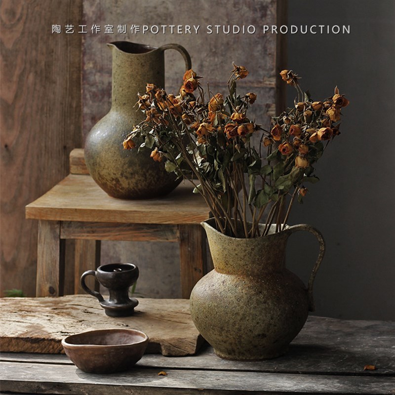 粗陶罐插花器复古提手插干花陶瓷花瓶民宿酒店侘寂风禅Y意装饰摆