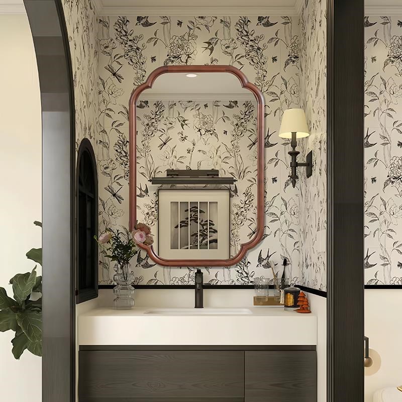 新中国风浴室壁h挂镜桌面梳妆台木框化妆镜中世纪入口装饰镜子定