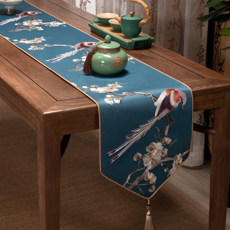 新中式刺绣桌旗轻奢长条茶旗茶几旗茶台旗防尘电视柜.巾床旗定制