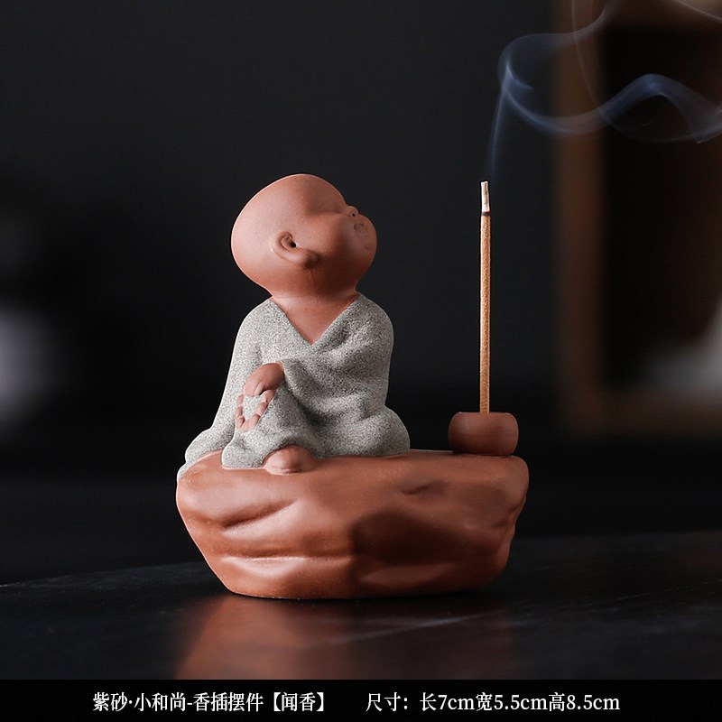 创意紫砂小和尚茶宠摆p件禅意线香插家用茶桌香道可爱小沙弥香薰