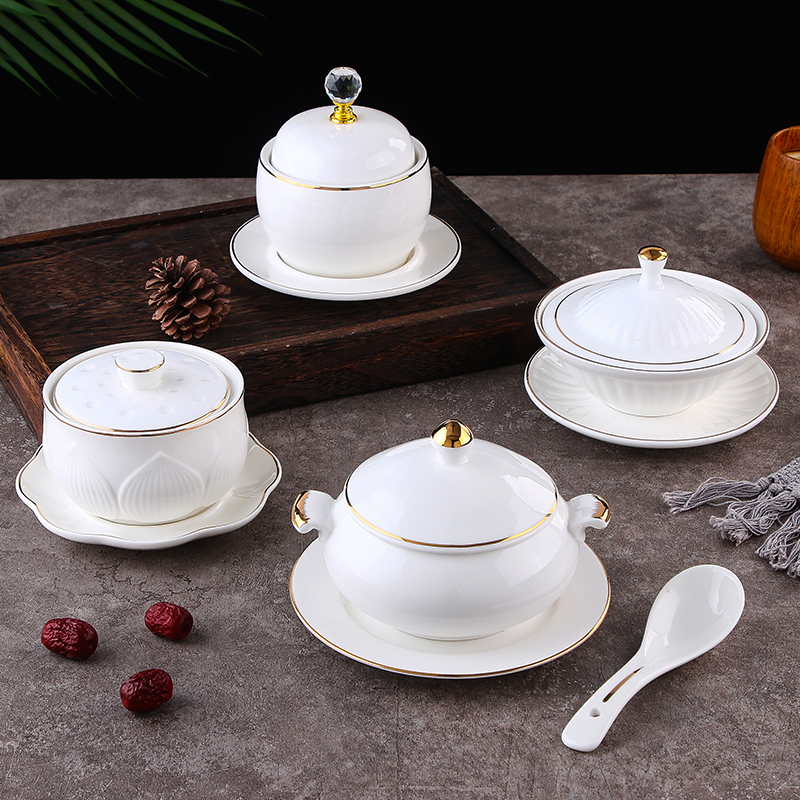 酒店欧式金d边陶瓷燕窝炖盅隔水炖鱼翅盅炖罐甜品碗带盖小汤盅蒸