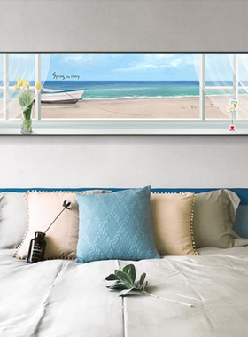 温馨卧室挂画大海风景床s头装饰画客厅沙发背景墙清新粉蓝色壁画